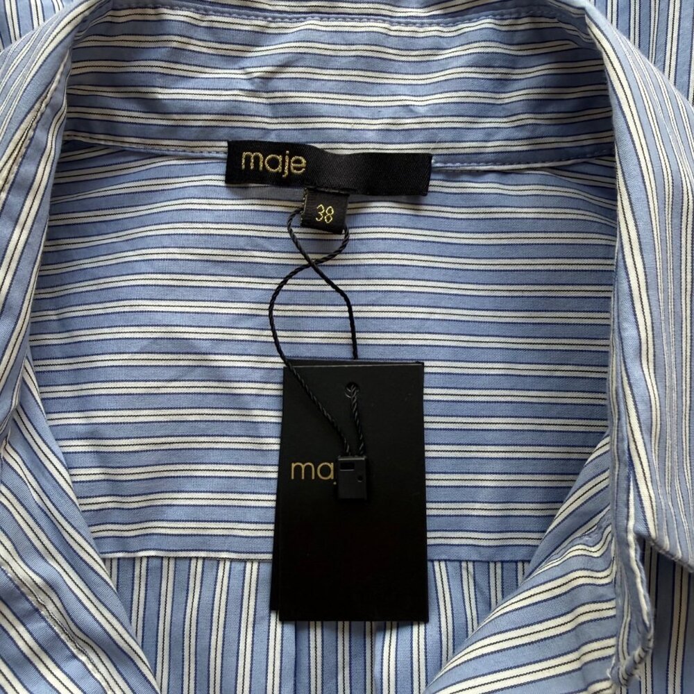 Maje Size M NEW Blue & White Striped Long Sleeve Button-Front Mini Shirt Dress - Picture 4 of 16